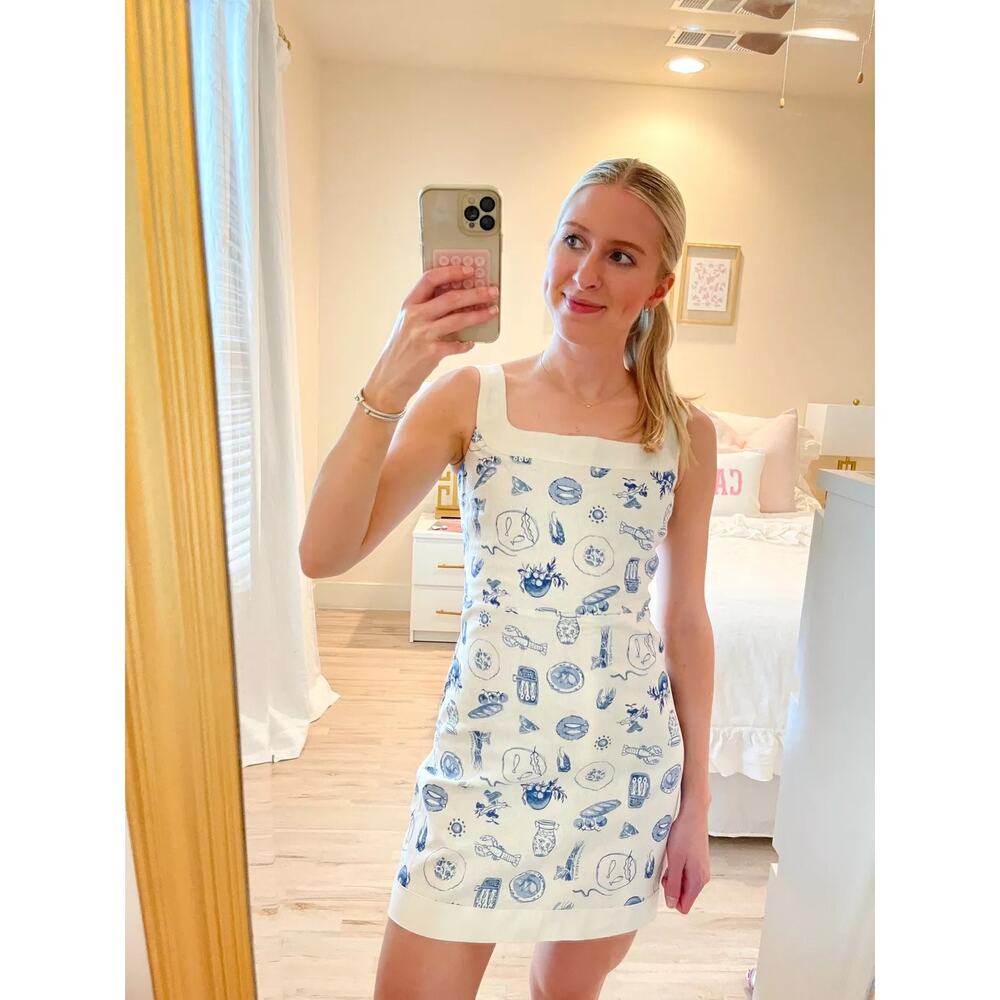 Abercrombie & Fitch Linen Blend Wide Strap Mini Dress White Blue Food Medium - Picture 3 of 16